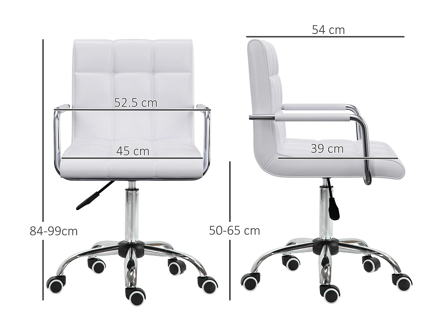 Chaise de bureau ergonomique, cuir PU, blanche, avec réglage de hauteur (52.5x54x99 cm)