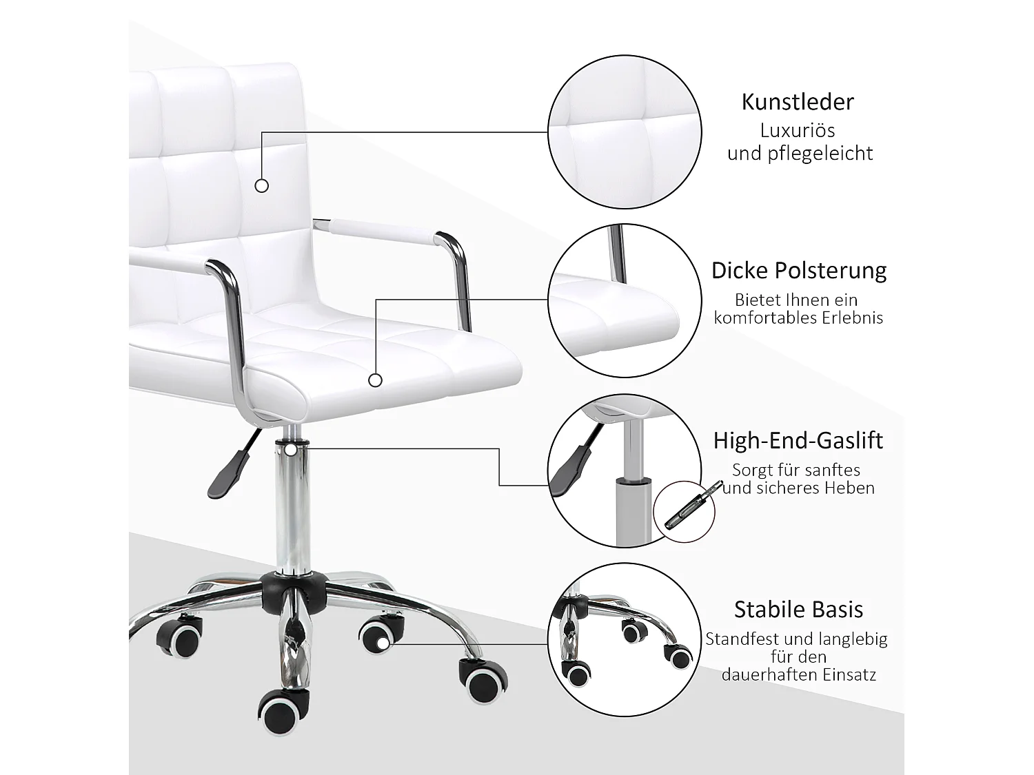 Chaise de bureau ergonomique, cuir PU, blanche, avec réglage de hauteur (52.5x54x99 cm)