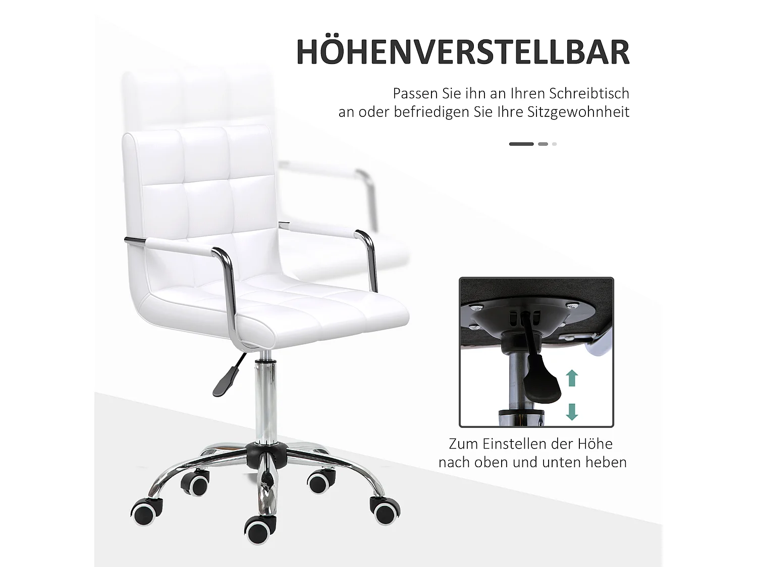 Chaise de bureau ergonomique, cuir PU, blanche, avec réglage de hauteur (52.5x54x99 cm)