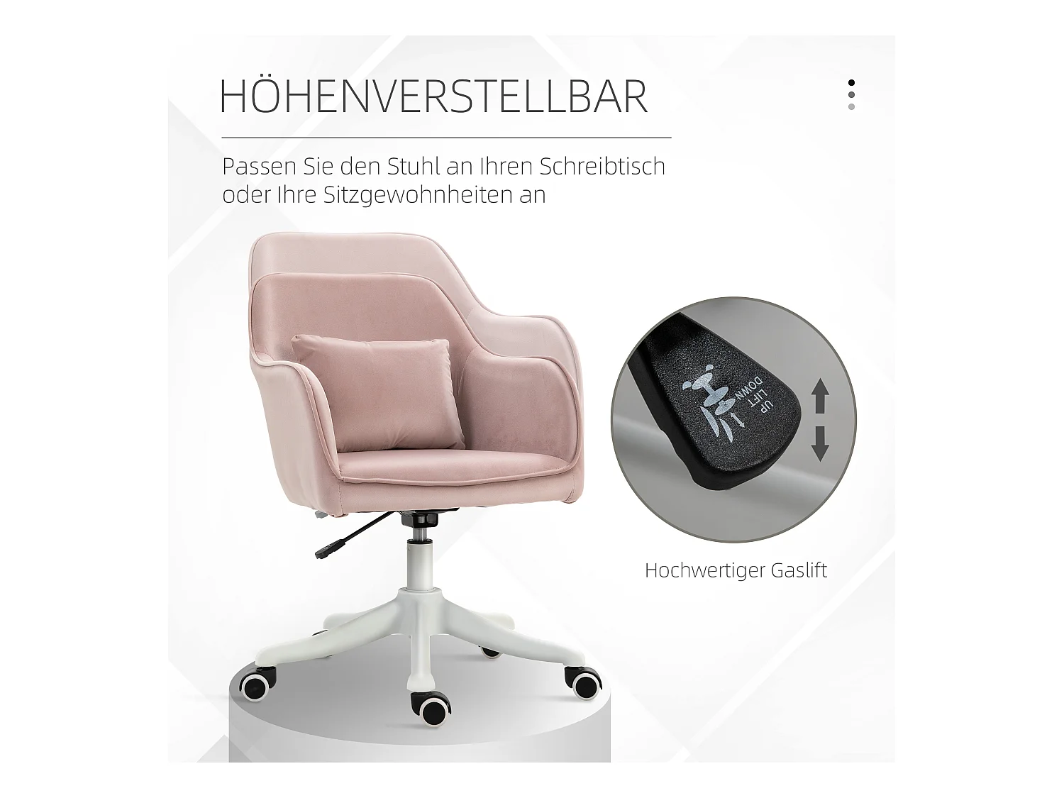 Fauteuil de bureau avec fonction massage, accoudoirs réglables, velours rose (57x70x79-89cm)