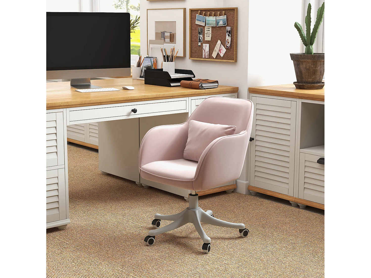 Fauteuil de bureau avec fonction massage, accoudoirs réglables, velours rose (57x70x79-89cm)