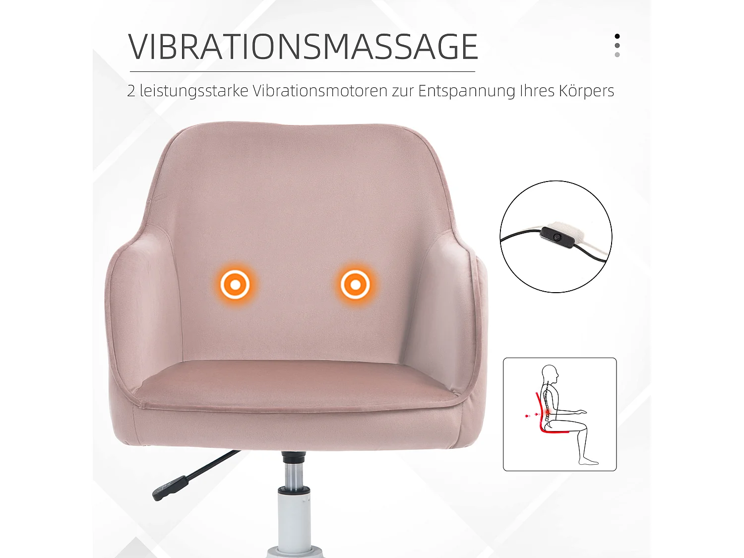 Fauteuil de bureau avec fonction massage, accoudoirs réglables, velours rose (57x70x79-89cm)