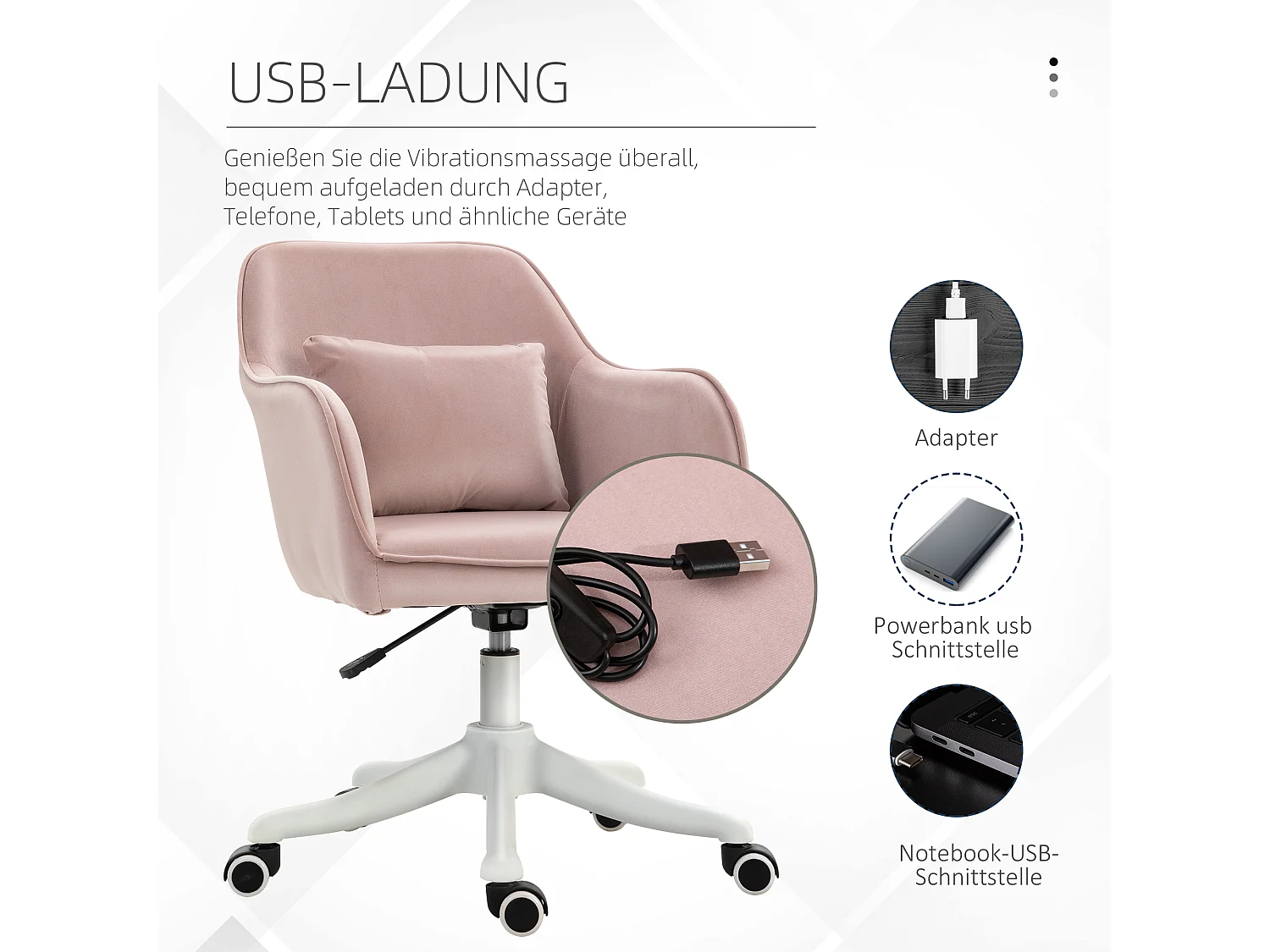 Fauteuil de bureau avec fonction massage, accoudoirs réglables, velours rose (57x70x79-89cm)