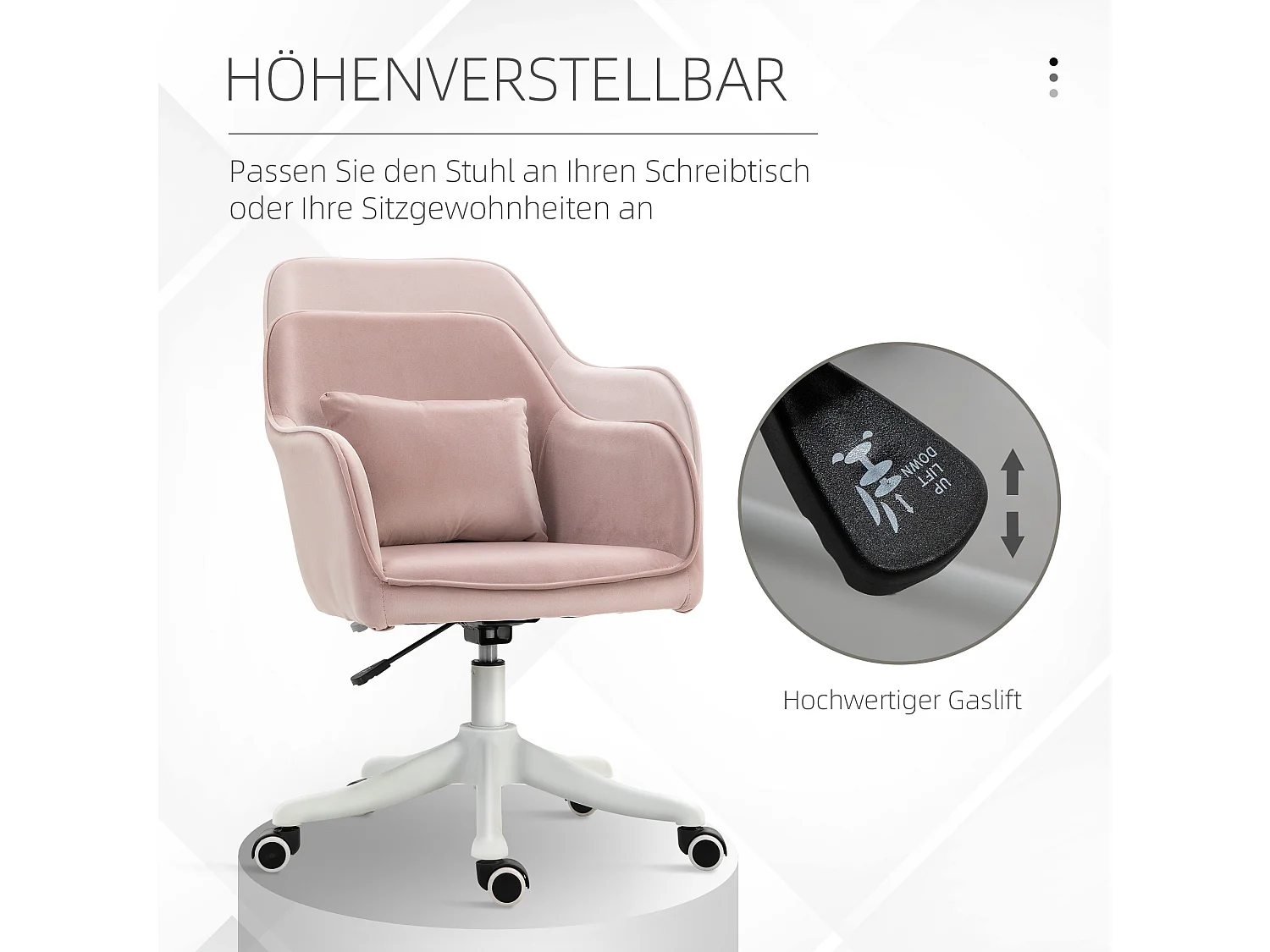 Fauteuil de bureau avec fonction massage, accoudoirs réglables, velours rose (57x70x79-89cm)