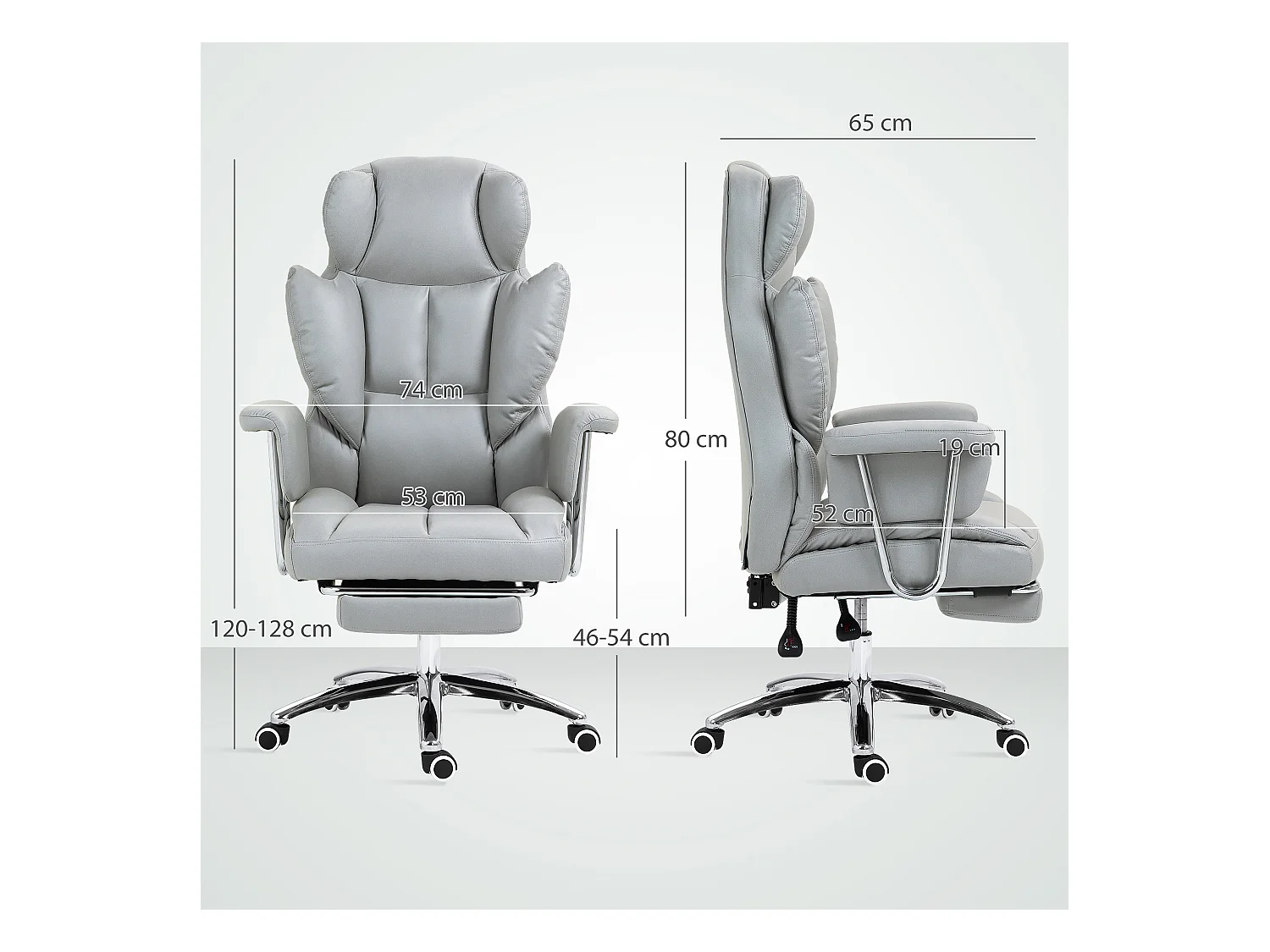 Chaise de bureau ergonomique avec fonction inclinable, avec repose-pieds, réglable en hauteur, mousse, gris clair (74x65x120-128 cm)