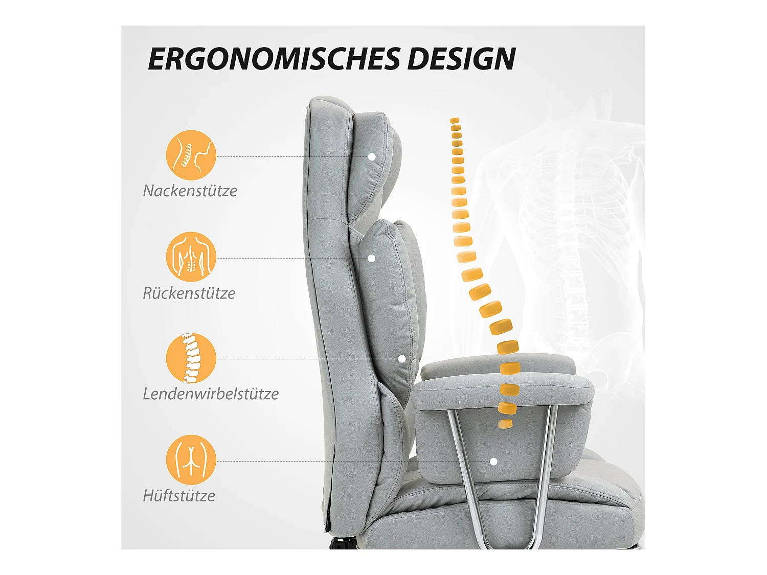 Chaise de bureau ergonomique avec fonction inclinable, avec repose-pieds, réglable en hauteur, mousse, gris clair (74x65x120-128 cm)