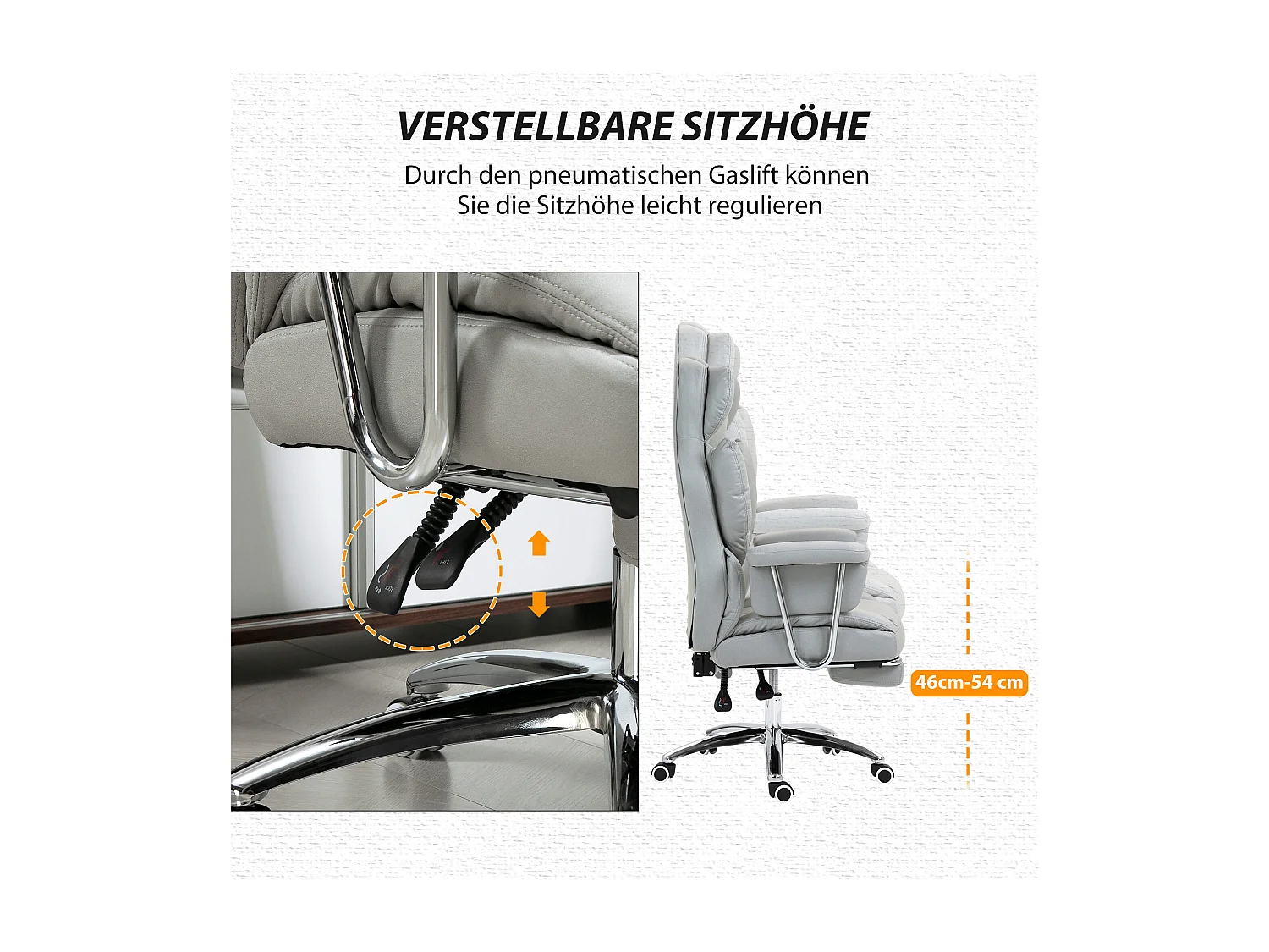 Chaise de bureau ergonomique avec fonction inclinable, avec repose-pieds, réglable en hauteur, mousse, gris clair (74x65x120-128 cm)