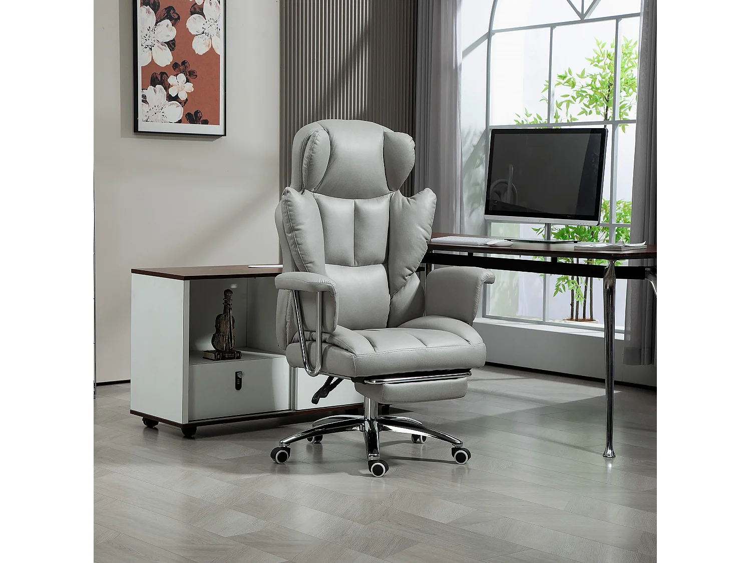 Chaise de bureau ergonomique avec fonction inclinable, avec repose-pieds, réglable en hauteur, mousse, gris clair (74x65x120-128 cm)