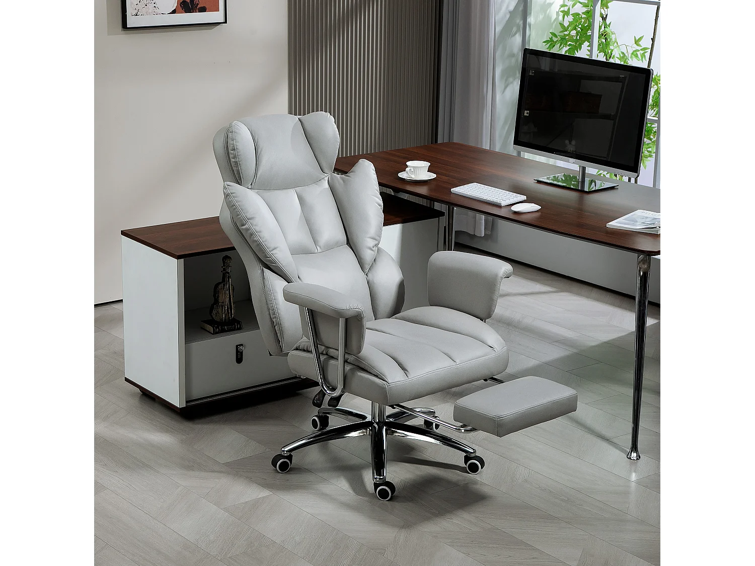 Chaise de bureau ergonomique avec fonction inclinable, avec repose-pieds, réglable en hauteur, mousse, gris clair (74x65x120-128 cm)