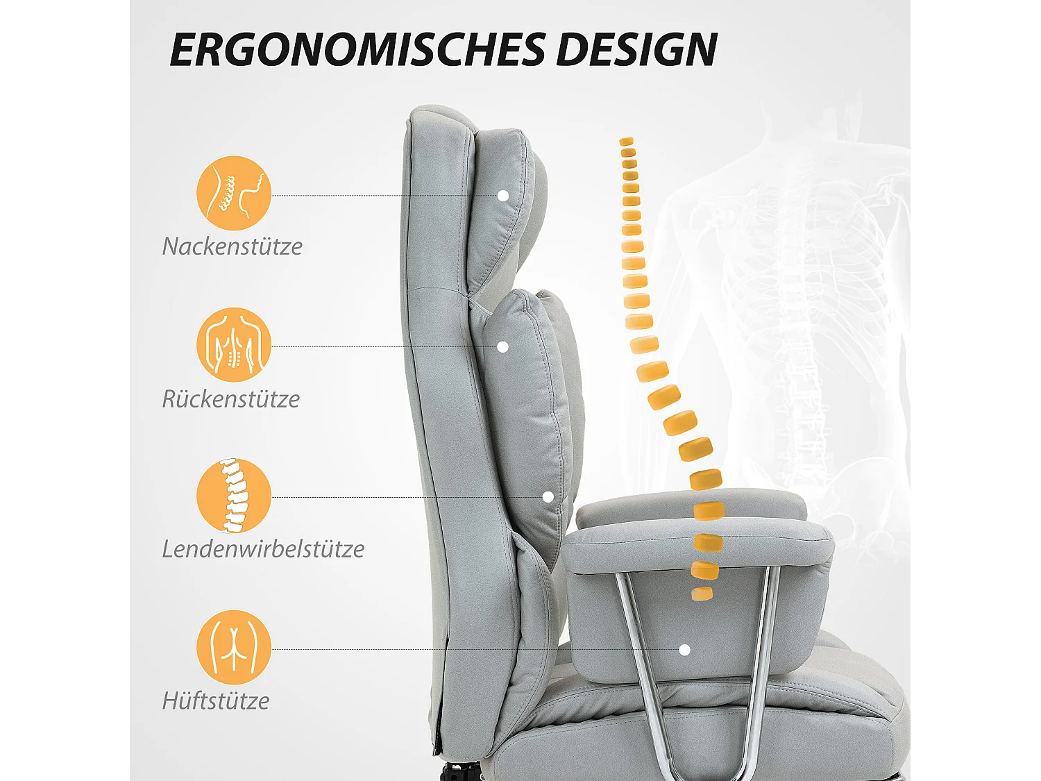 Chaise de bureau ergonomique avec fonction inclinable, avec repose-pieds, réglable en hauteur, mousse, gris clair (74x65x120-128 cm)