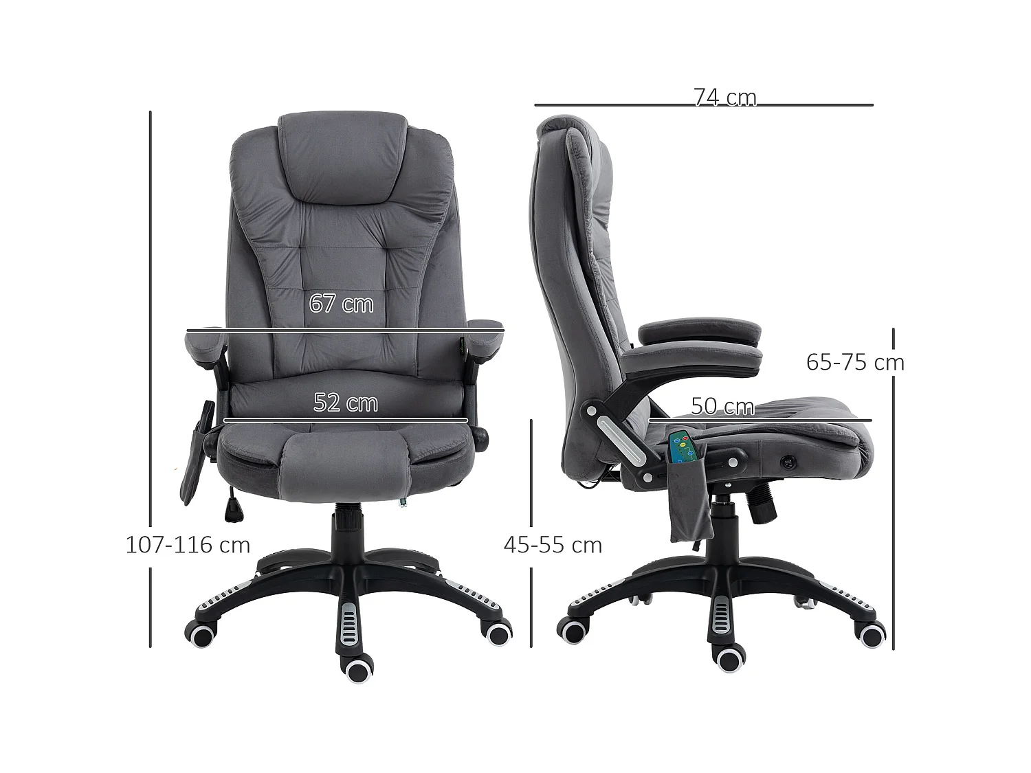 Fauteuil de bureau ergonomique avec fonction de massage, réglable en hauteur, jusqu'à 120 kg, en tissu velours, gris foncé (67x74x116 cm)