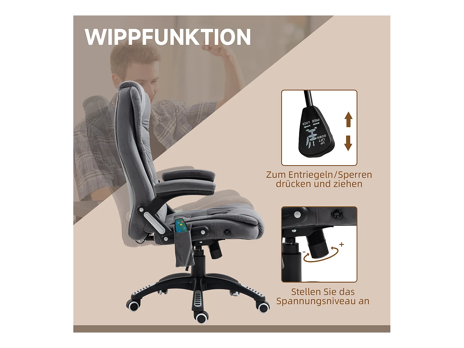 Fauteuil de bureau ergonomique avec fonction de massage, réglable en hauteur, jusqu'à 120 kg, en tissu velours, gris foncé (67x74x116 cm)