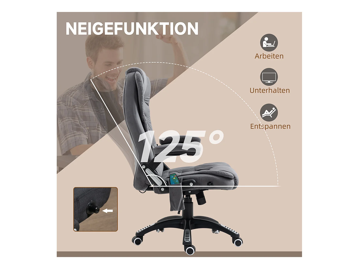 Fauteuil de bureau ergonomique avec fonction de massage, réglable en hauteur, jusqu'à 120 kg, en tissu velours, gris foncé (67x74x116 cm)