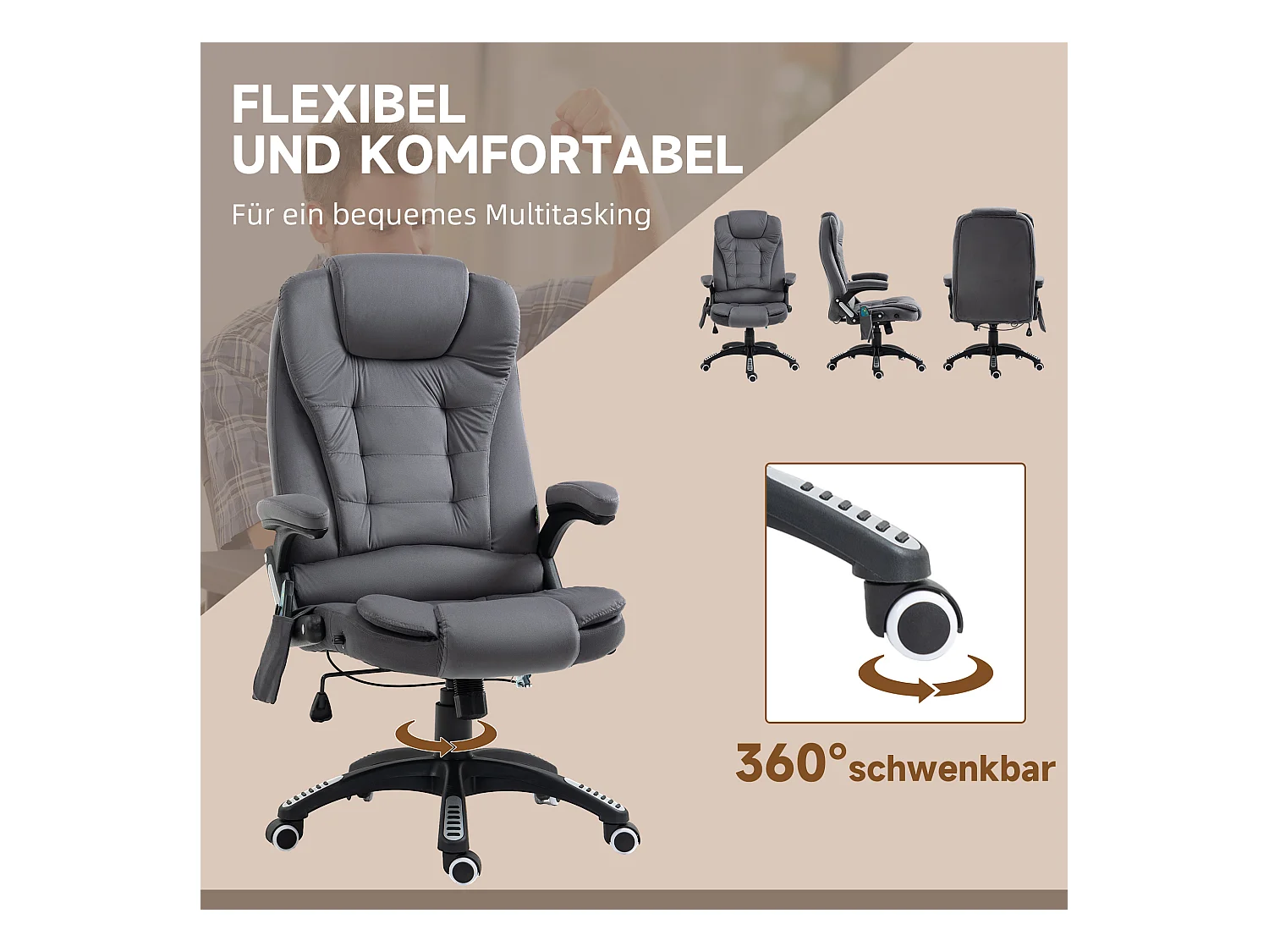 Fauteuil de bureau ergonomique avec fonction de massage, réglable en hauteur, jusqu'à 120 kg, en tissu velours, gris foncé (67x74x116 cm)