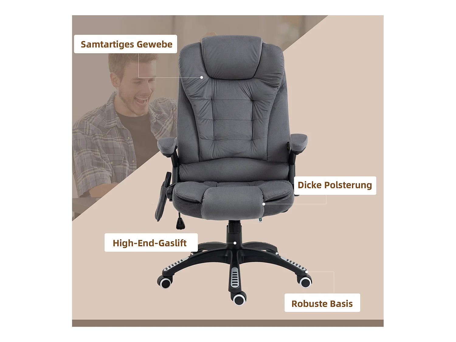 Fauteuil de bureau ergonomique avec fonction de massage, réglable en hauteur, jusqu'à 120 kg, en tissu velours, gris foncé (67x74x116 cm)