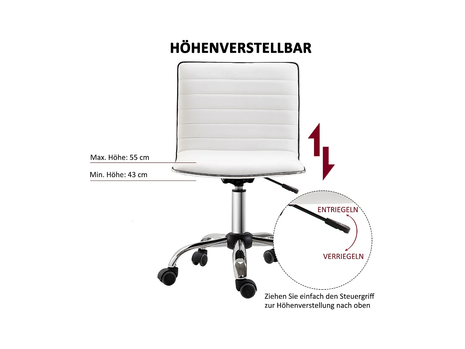 Bureaustoel zonder armleuningen, in hoogte verstelbaar, wit imitatieleer (48x52x78-90cm)