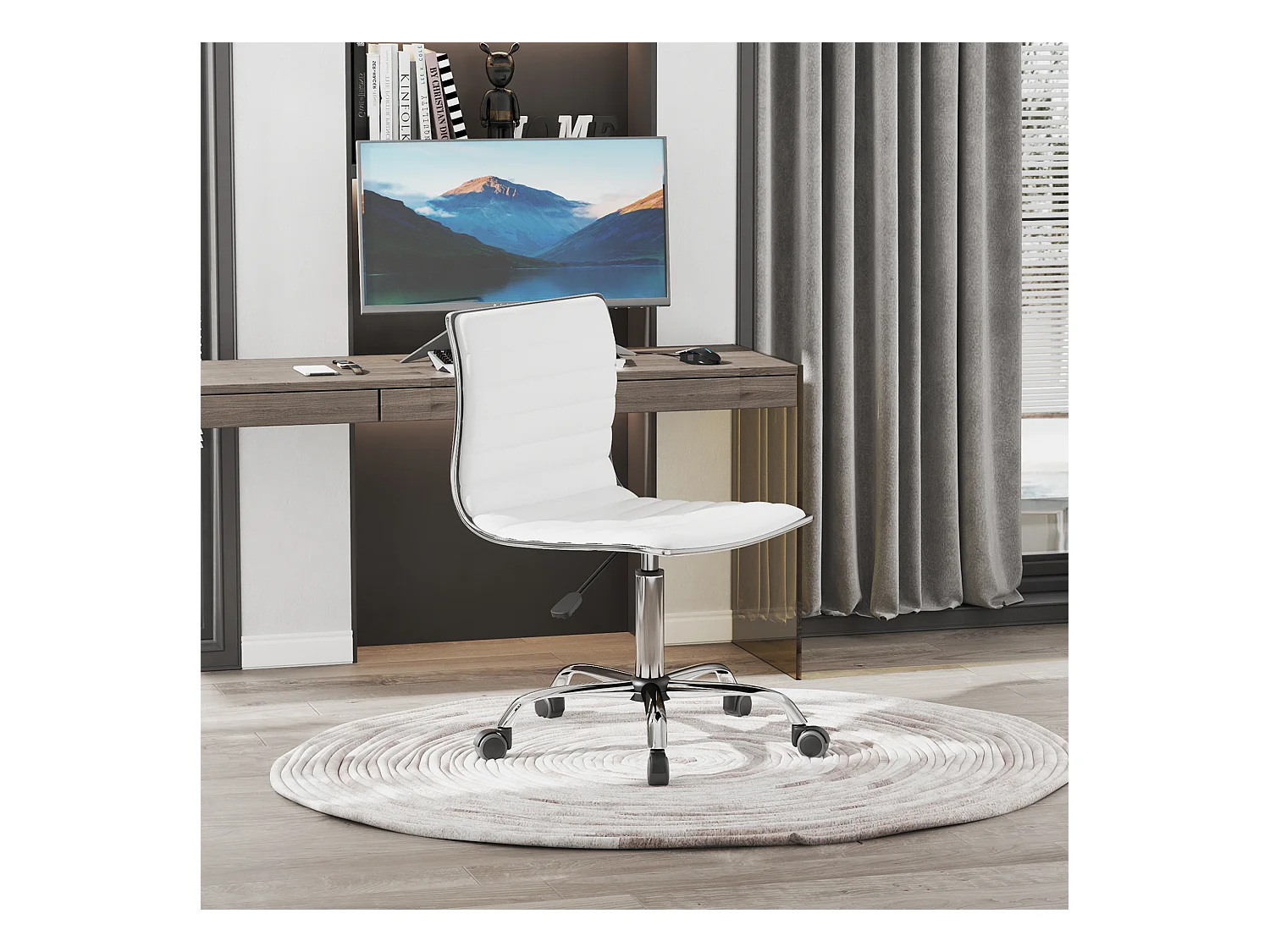 Chaise de bureau sans accoudoirs, hauteur réglable, simili cuir blanc (48x52x78-90cm)