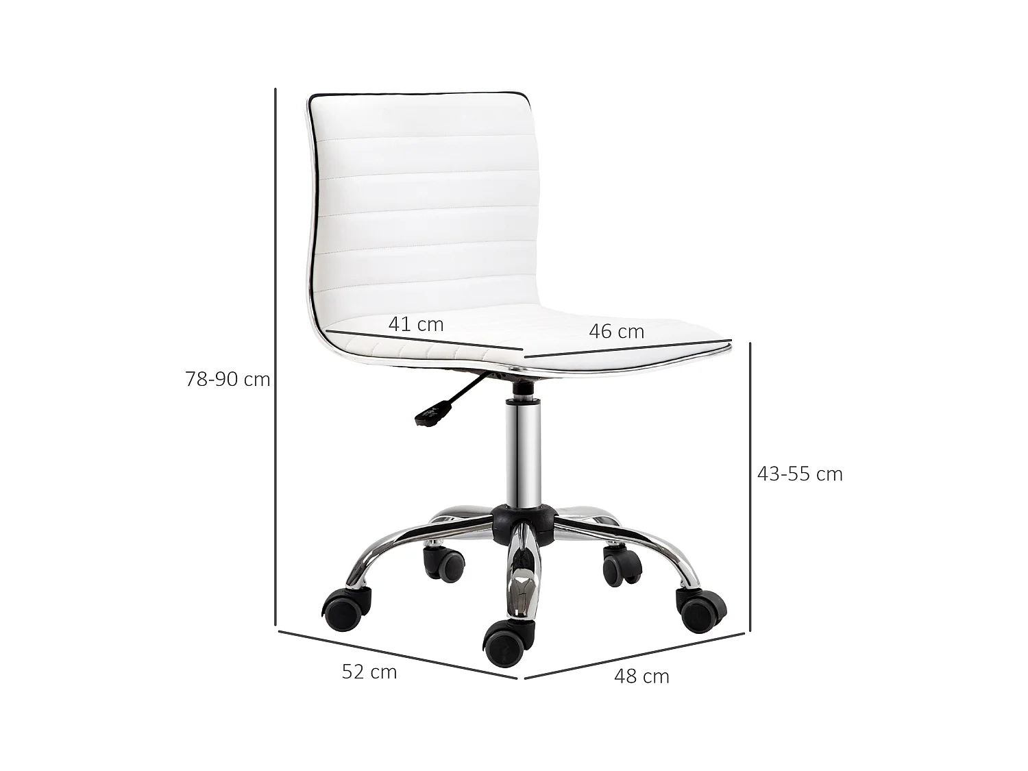 Chaise de bureau sans accoudoirs, hauteur réglable, simili cuir blanc (48x52x78-90cm)