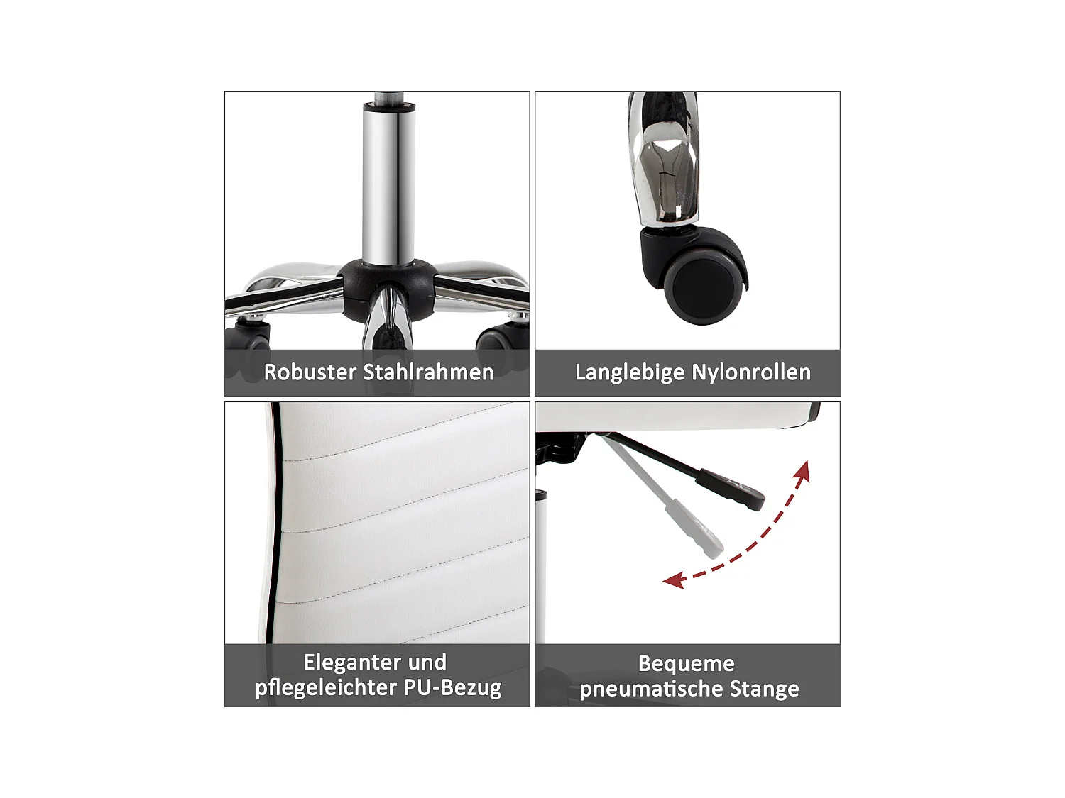 Chaise de bureau sans accoudoirs, hauteur réglable, simili cuir blanc (48x52x78-90cm)