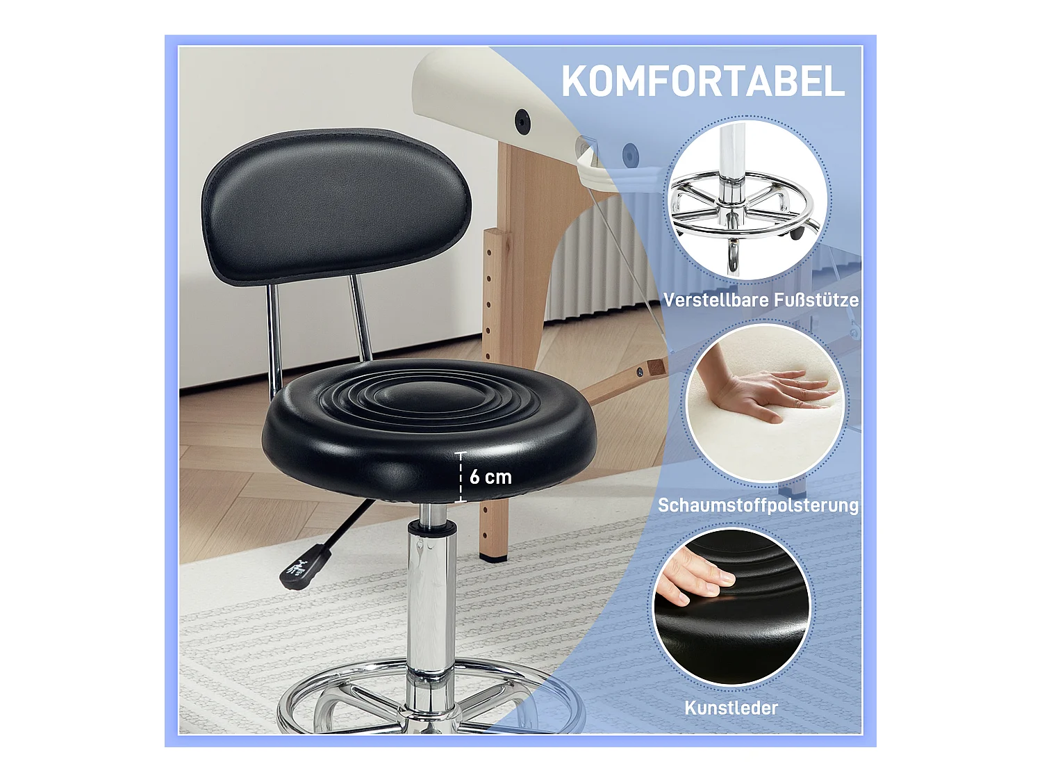 Hocker de bureau réglable en hauteur avec dossier, roulettes et repose-pieds ajustable, siège pivotant, cuir synthétique, noir (40x32x70-86 cm)