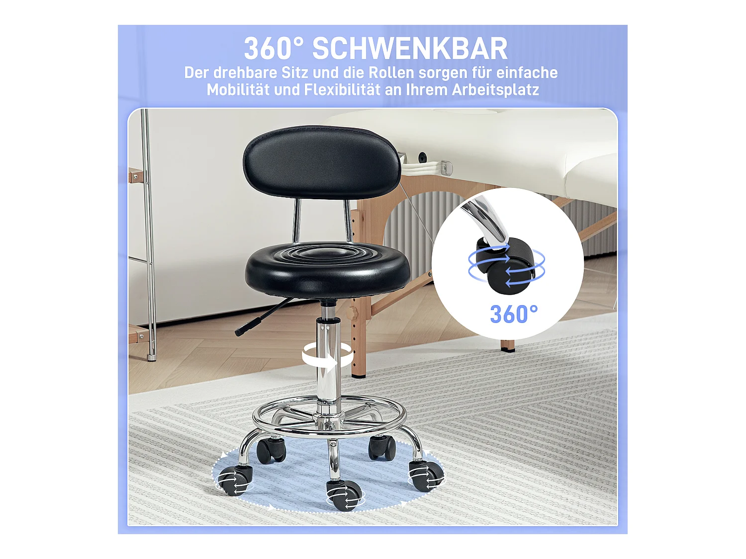 Hocker de bureau réglable en hauteur avec dossier, roulettes et repose-pieds ajustable, siège pivotant, cuir synthétique, noir (40x32x70-86 cm)