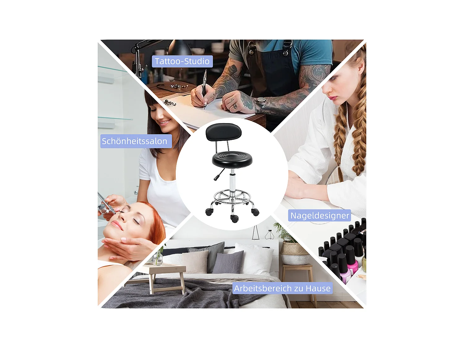 Hocker de bureau réglable en hauteur avec dossier, roulettes et repose-pieds ajustable, siège pivotant, cuir synthétique, noir (40x32x70-86 cm)