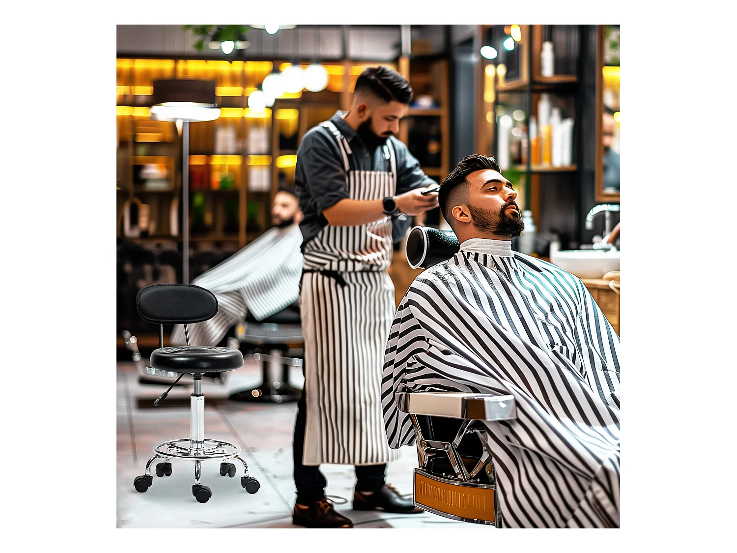 Hocker de bureau réglable en hauteur avec dossier, roulettes et repose-pieds ajustable, siège pivotant, cuir synthétique, noir (40x32x70-86 cm)