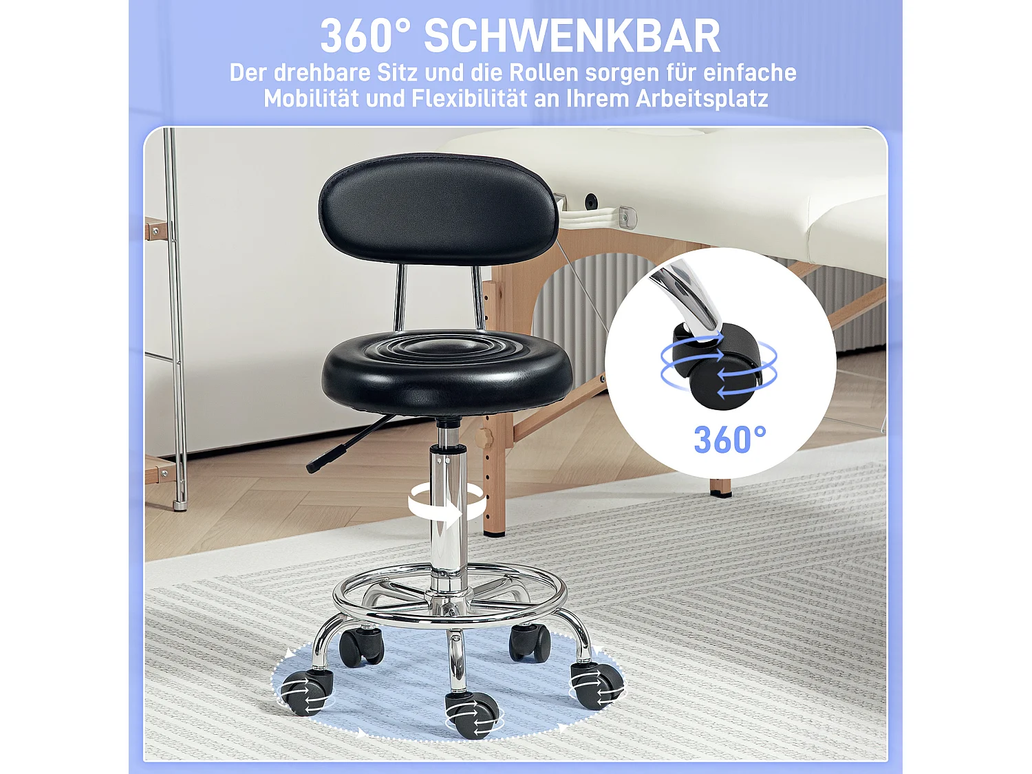 Hocker de bureau réglable en hauteur avec dossier, roulettes et repose-pieds ajustable, siège pivotant, cuir synthétique, noir (40x32x70-86 cm)