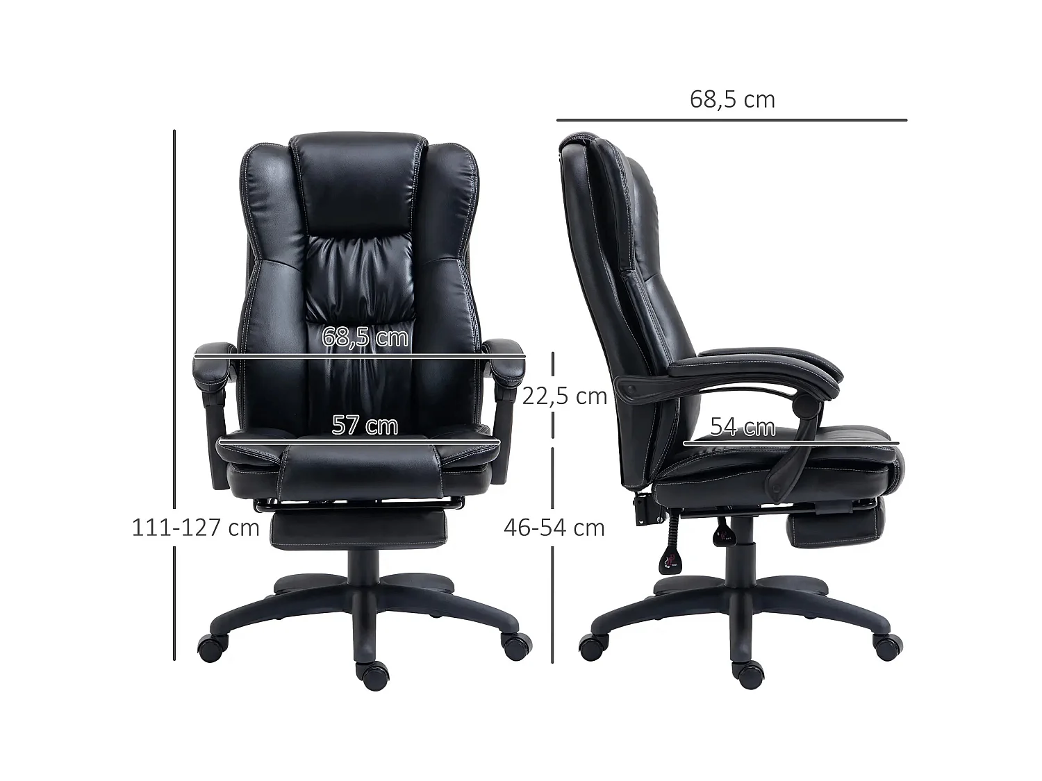 Fauteuil de bureau avec massage, repose-pieds escamotable, simili cuir, noir (68.5x68.5x119-127cm)