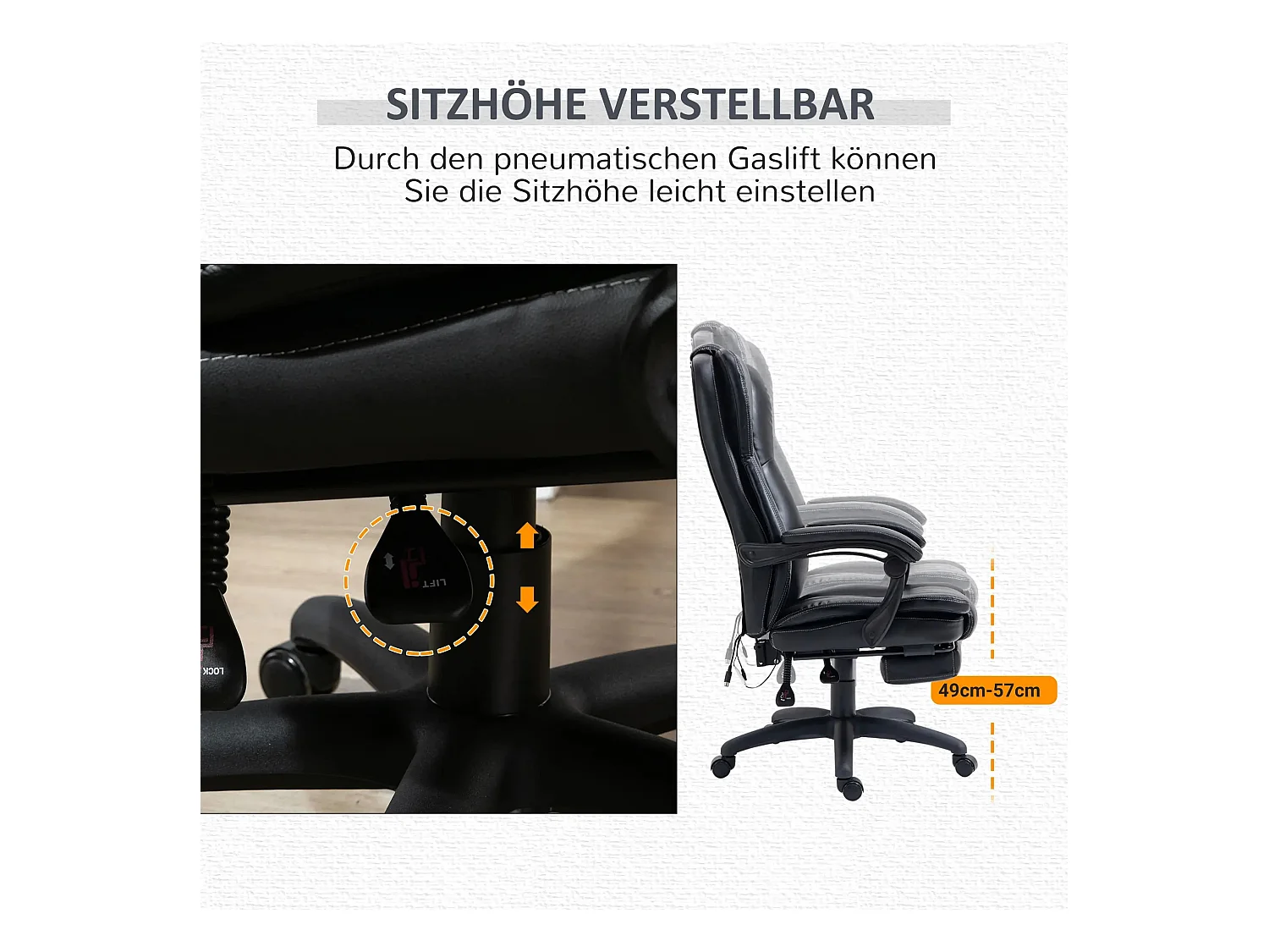 Fauteuil de bureau avec massage, repose-pieds escamotable, simili cuir, noir (68.5x68.5x119-127cm)