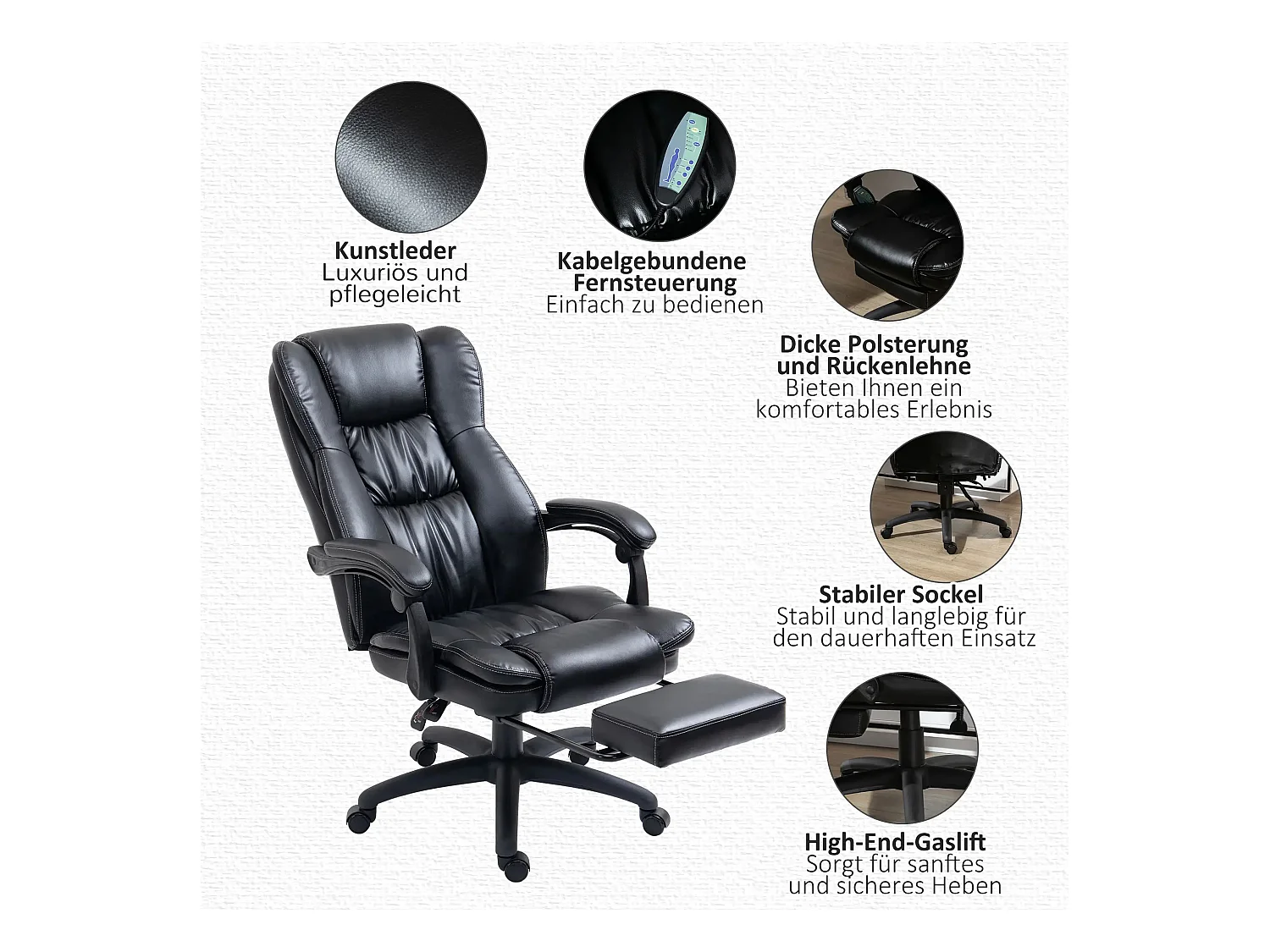 Fauteuil de bureau avec massage, repose-pieds escamotable, simili cuir, noir (68.5x68.5x119-127cm)