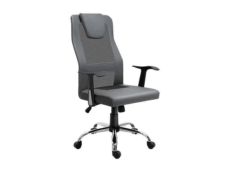 Silla de oficina ergonómica con función de balanceo, totalmente ajustable y giratoria 360°, piel sintética, gris (66 x 73 x 108-118 cm)