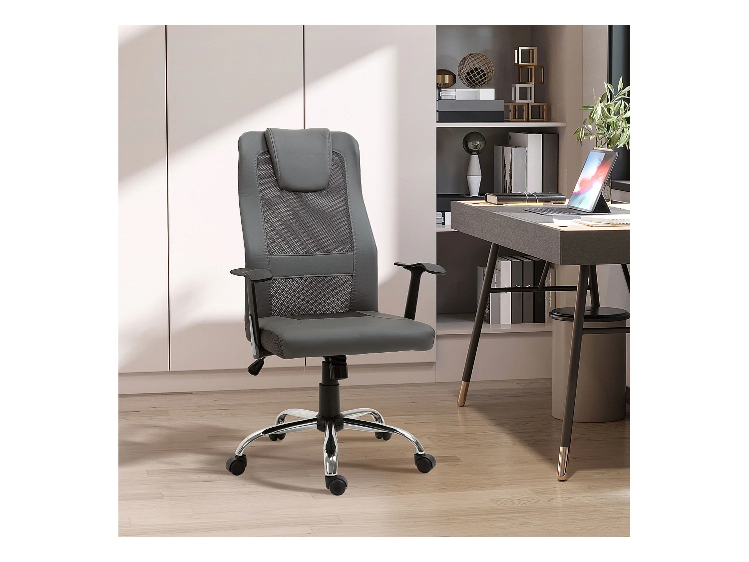 Chaise de Bureau Ergonomique avec Fonction bascule, Hautement Réglable & 360° Pivotante, Similicuir, Gris (66x73x108-118 cm)