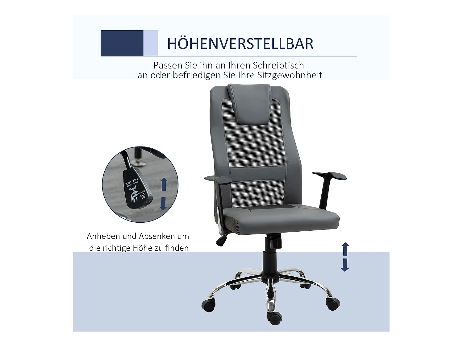 Chaise de Bureau Ergonomique avec Fonction bascule, Hautement Réglable & 360° Pivotante, Similicuir, Gris (66x73x108-118 cm)