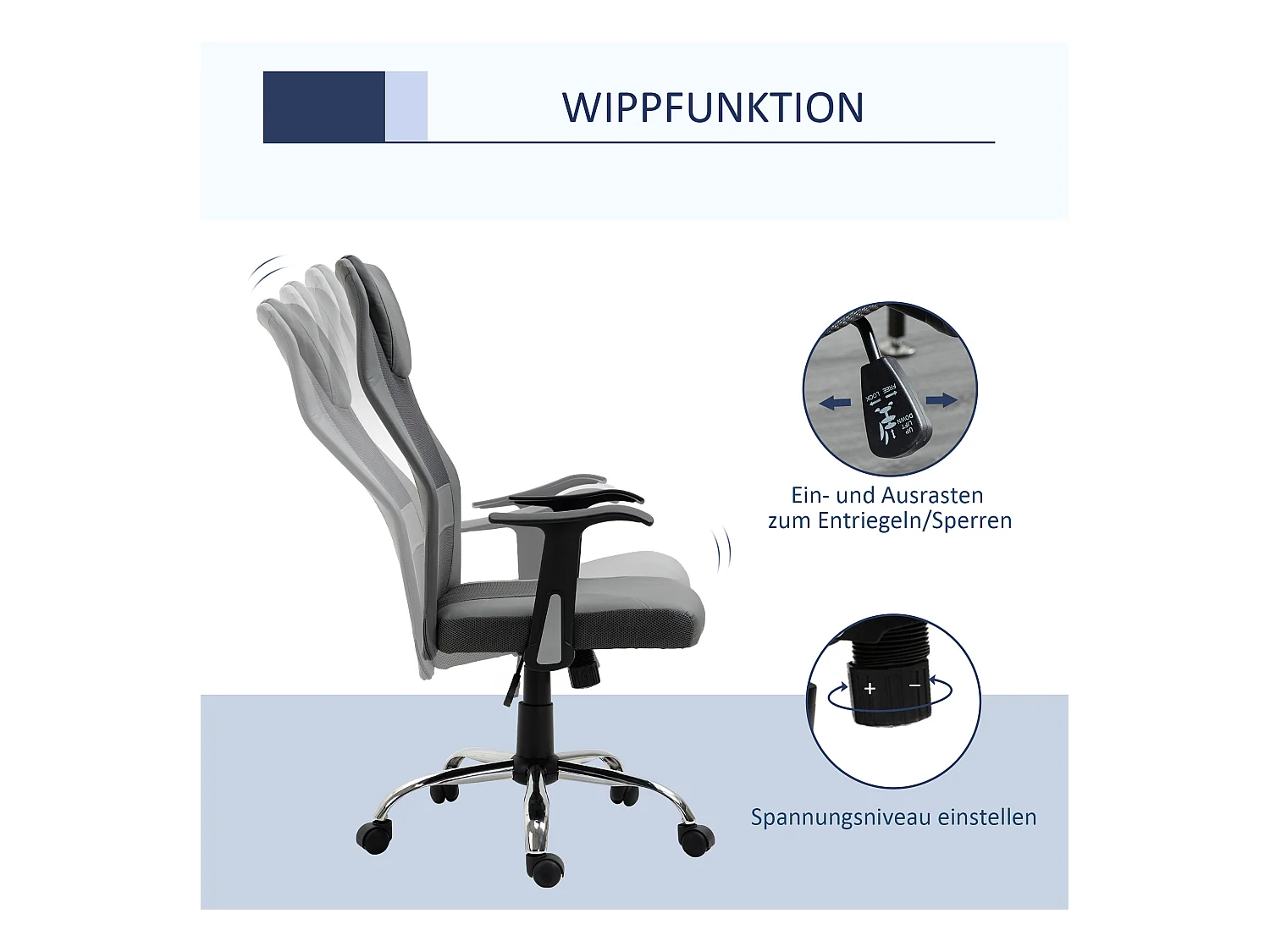 Chaise de Bureau Ergonomique avec Fonction bascule, Hautement Réglable & 360° Pivotante, Similicuir, Gris (66x73x108-118 cm)