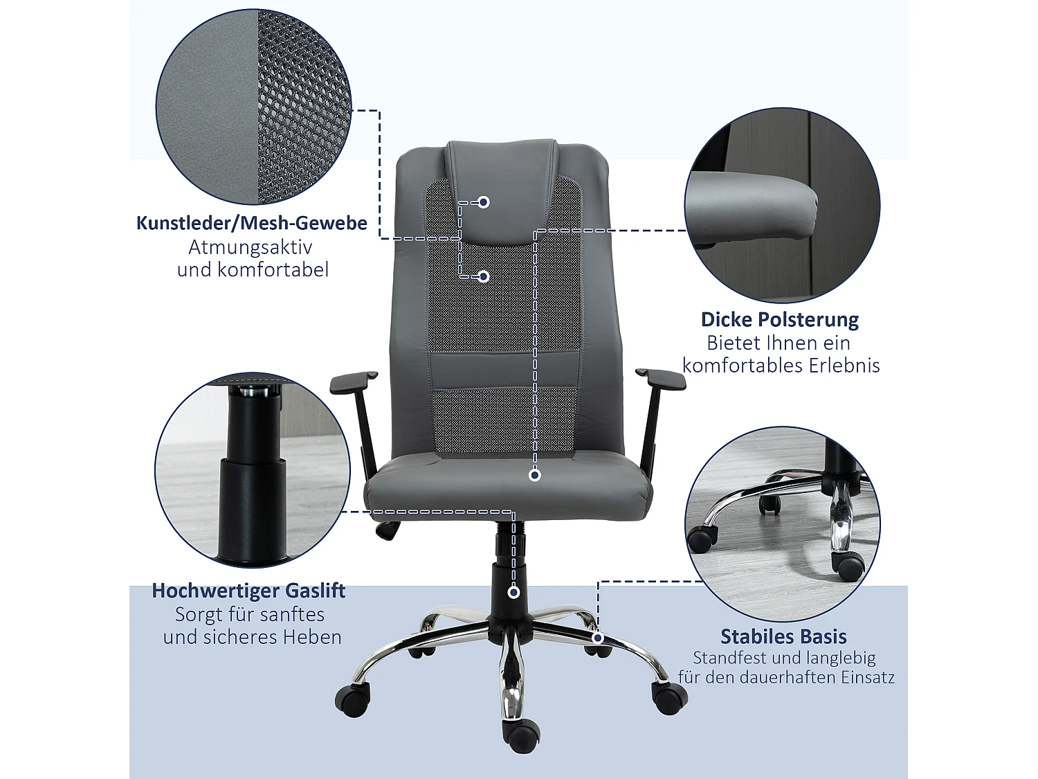Chaise de Bureau Ergonomique avec Fonction bascule, Hautement Réglable & 360° Pivotante, Similicuir, Gris (66x73x108-118 cm)