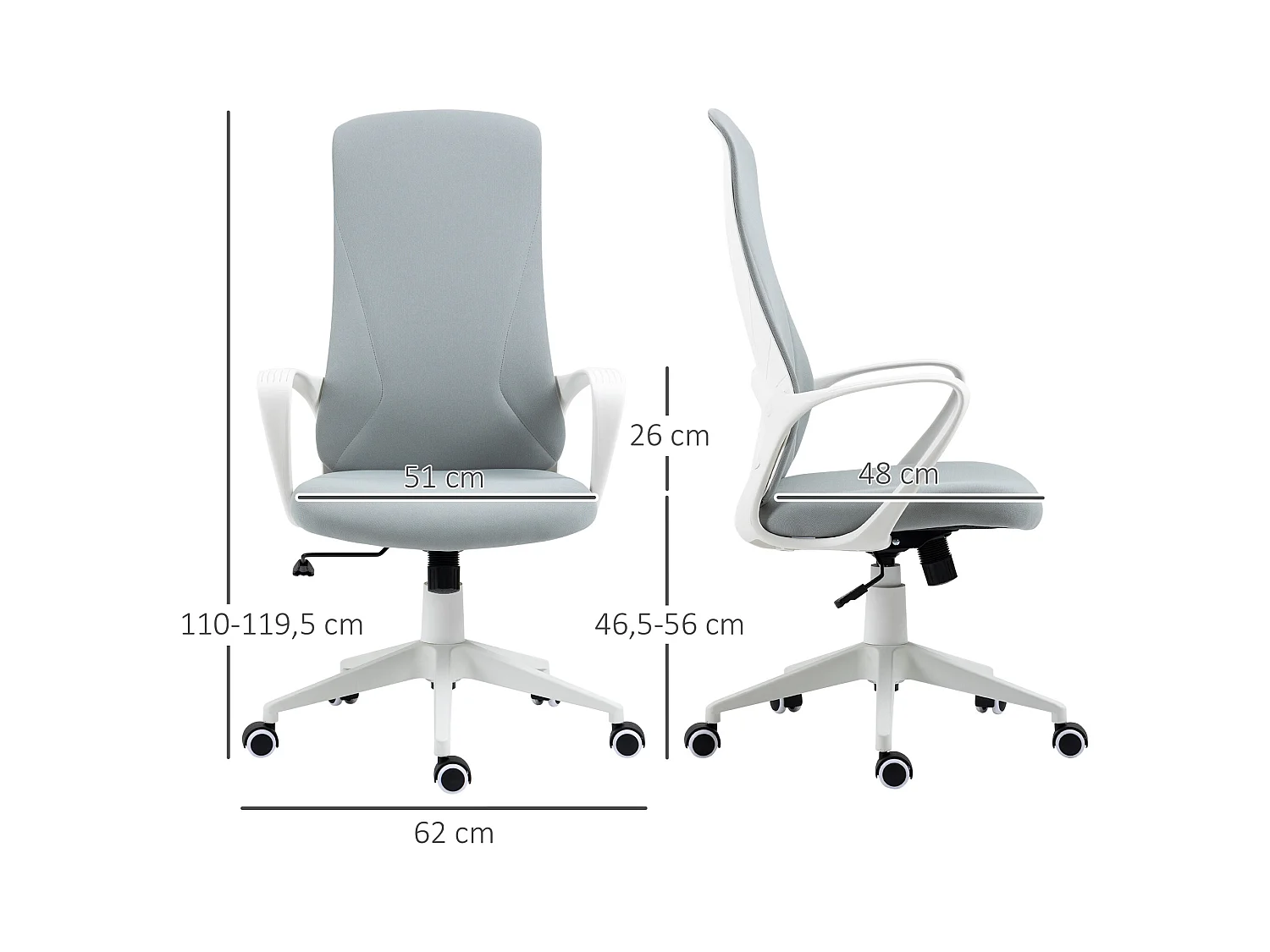 Fauteuil de bureau ergonomique pivotant, réglable en hauteur, tissu stretch gris clair, structure acier (62x56x110-119.5cm)