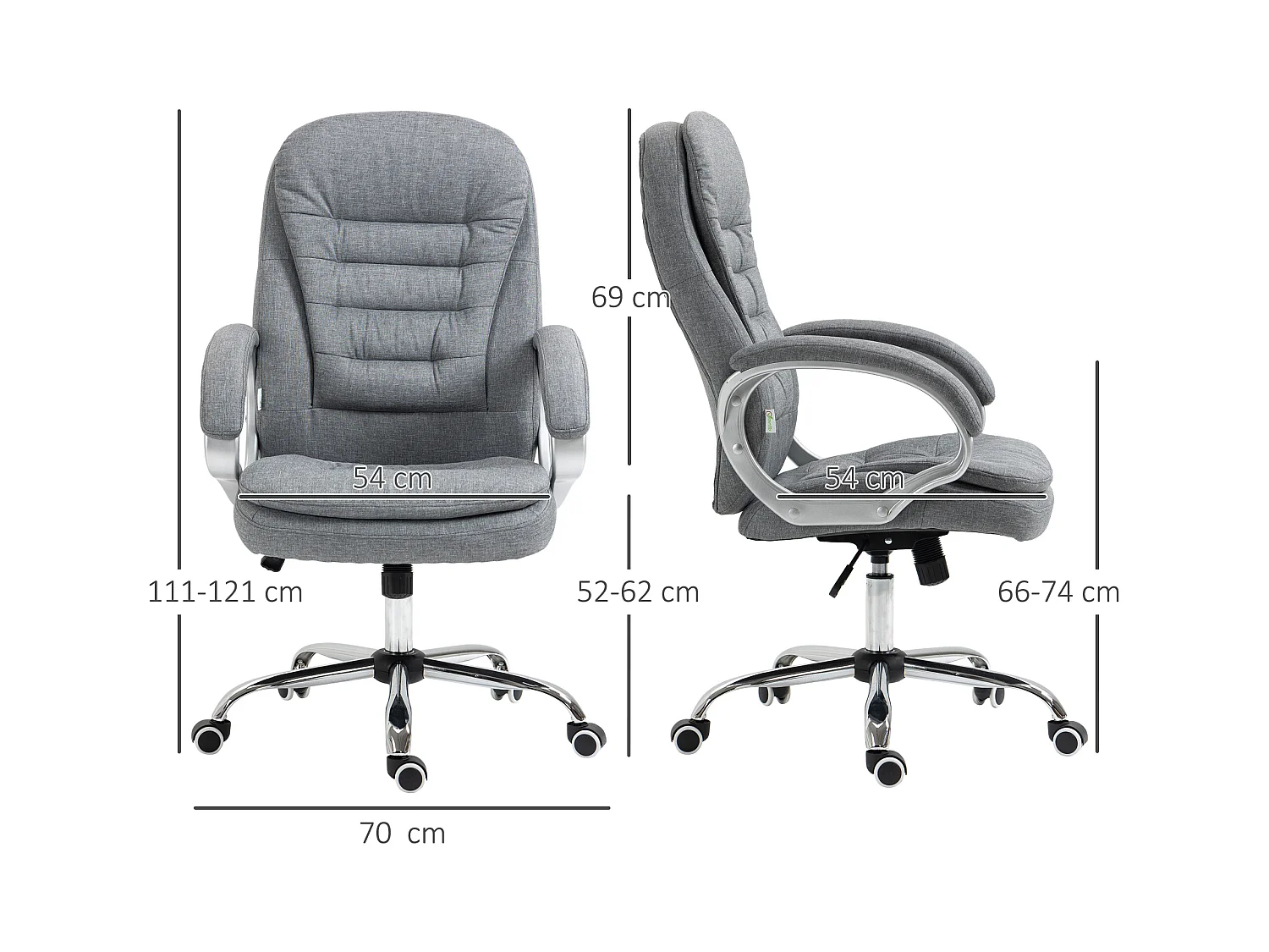 Chaise de bureau ergonomique avec accoudoirs réglables, fonction de basculement, tissu en lin, gris (64x75x121 cm)