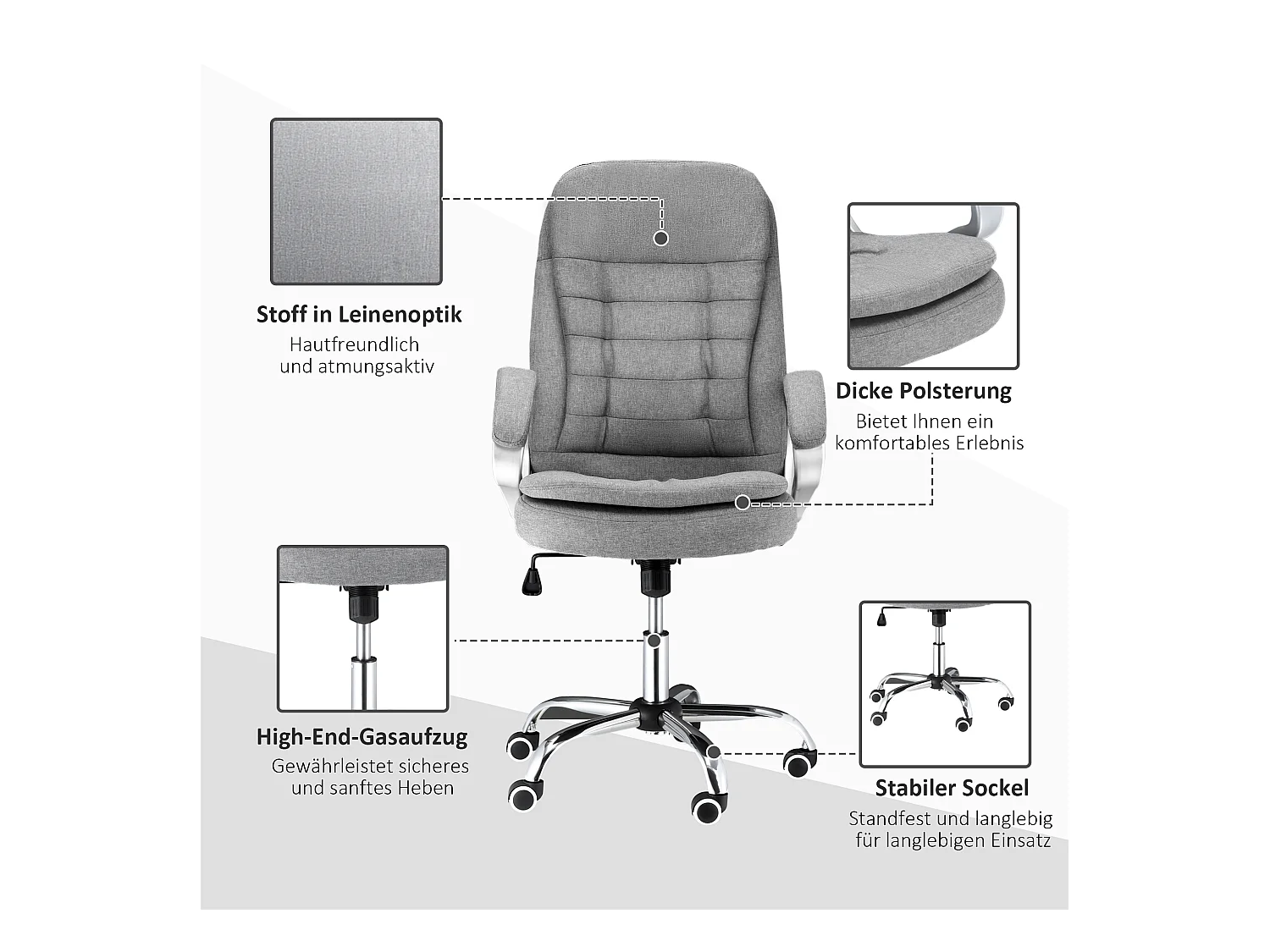 Chaise de bureau ergonomique avec accoudoirs réglables, fonction de basculement, tissu en lin, gris (64x75x121 cm)