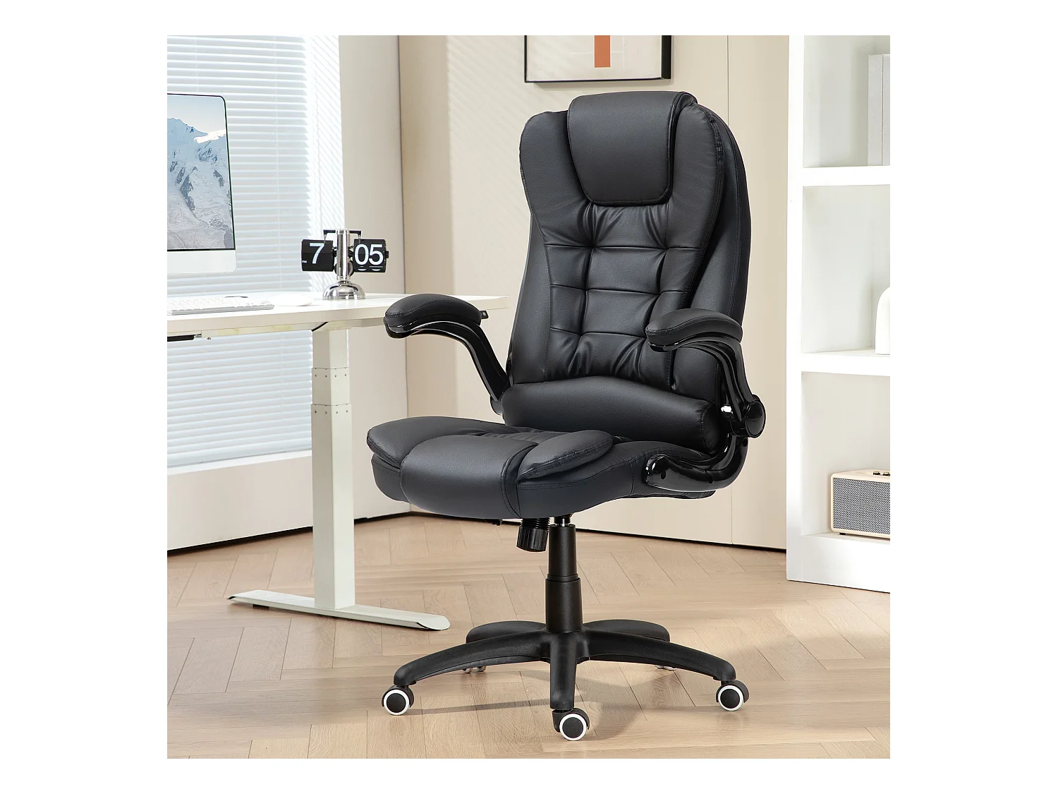 Fauteuil de bureau ergonomique avec fonction bascule, accoudoirs relevables, cuir synthétique noir (60x69x121cm)
