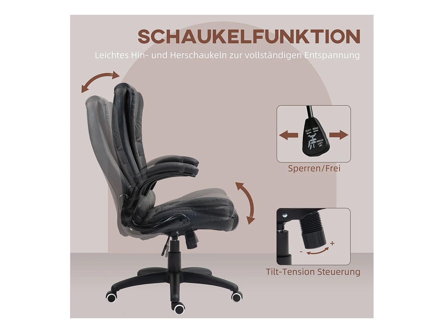 Fauteuil de bureau ergonomique avec fonction bascule, accoudoirs relevables, cuir synthétique noir (60x69x121cm)