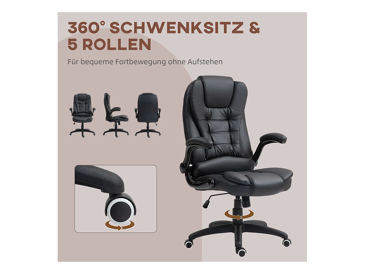 Fauteuil de bureau ergonomique avec fonction bascule, accoudoirs relevables, cuir synthétique noir (60x69x121cm)