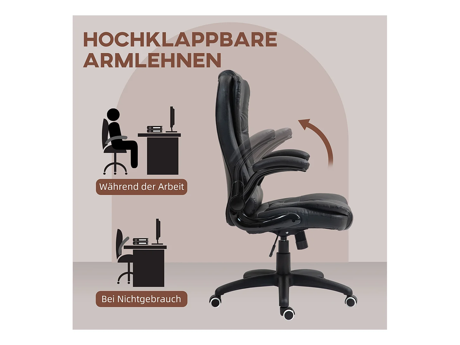 Silla de oficina ergonómica con función balancín, reposabrazos ajustables, piel sintética negra (60x69x121cm)