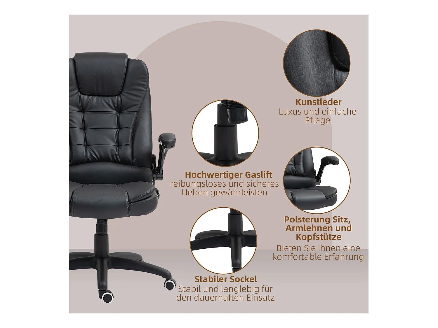 Silla de oficina ergonómica con función balancín, reposabrazos ajustables, piel sintética negra (60x69x121cm)
