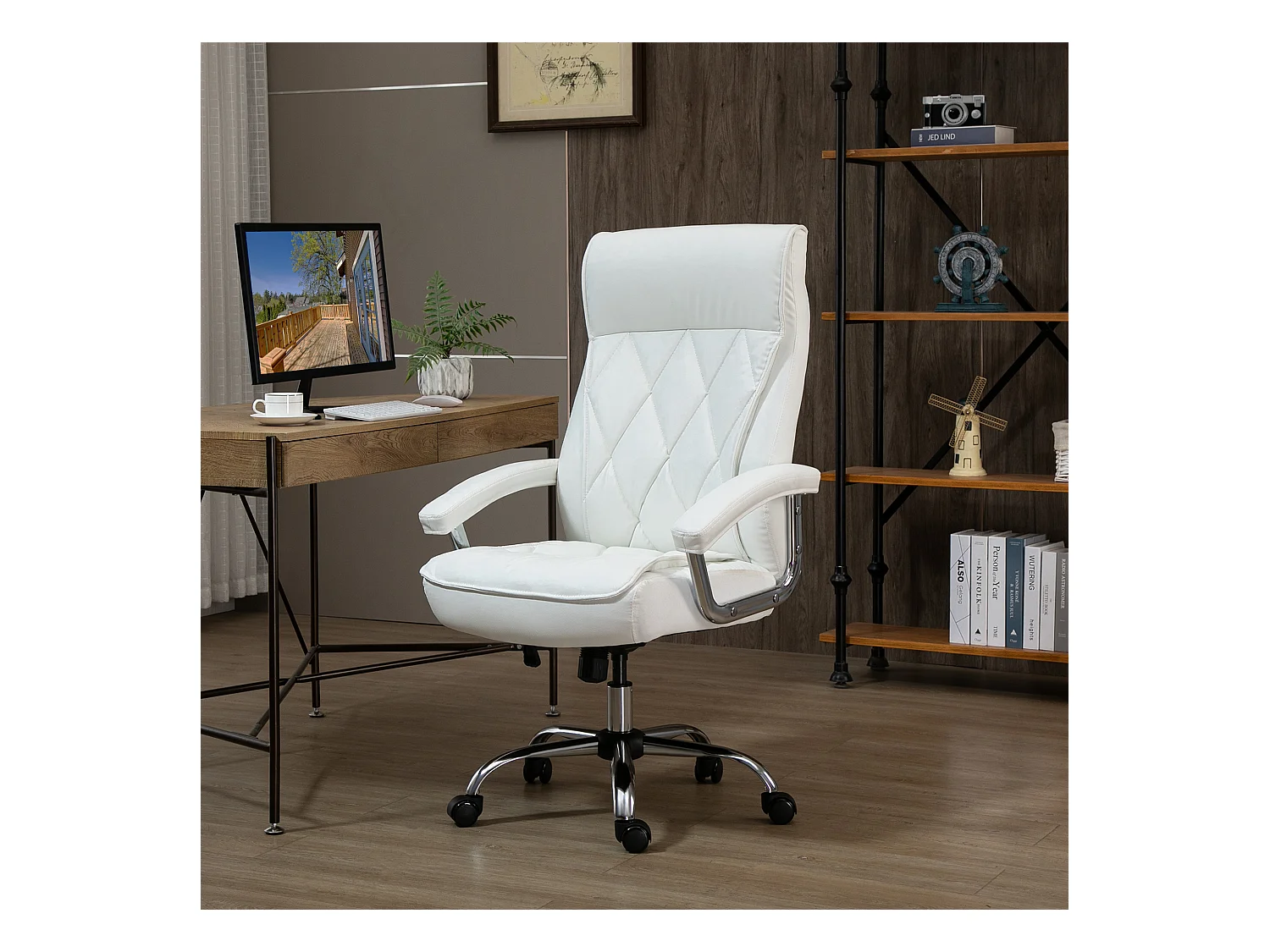 Chaise de bureau ergonomique en simili cuir, fonction basculante, réglable en hauteur, métal, blanc (66x69x121 cm)