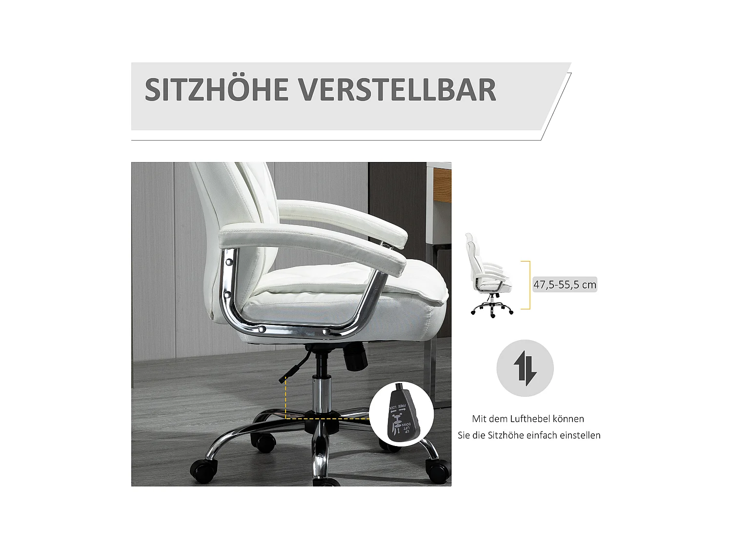 Chaise de bureau ergonomique en simili cuir, fonction basculante, réglable en hauteur, métal, blanc (66x69x121 cm)