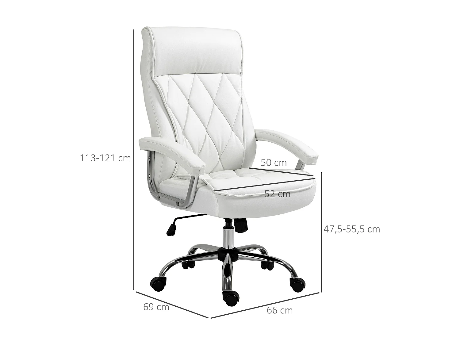 Chaise de bureau ergonomique en simili cuir, fonction basculante, réglable en hauteur, métal, blanc (66x69x121 cm)