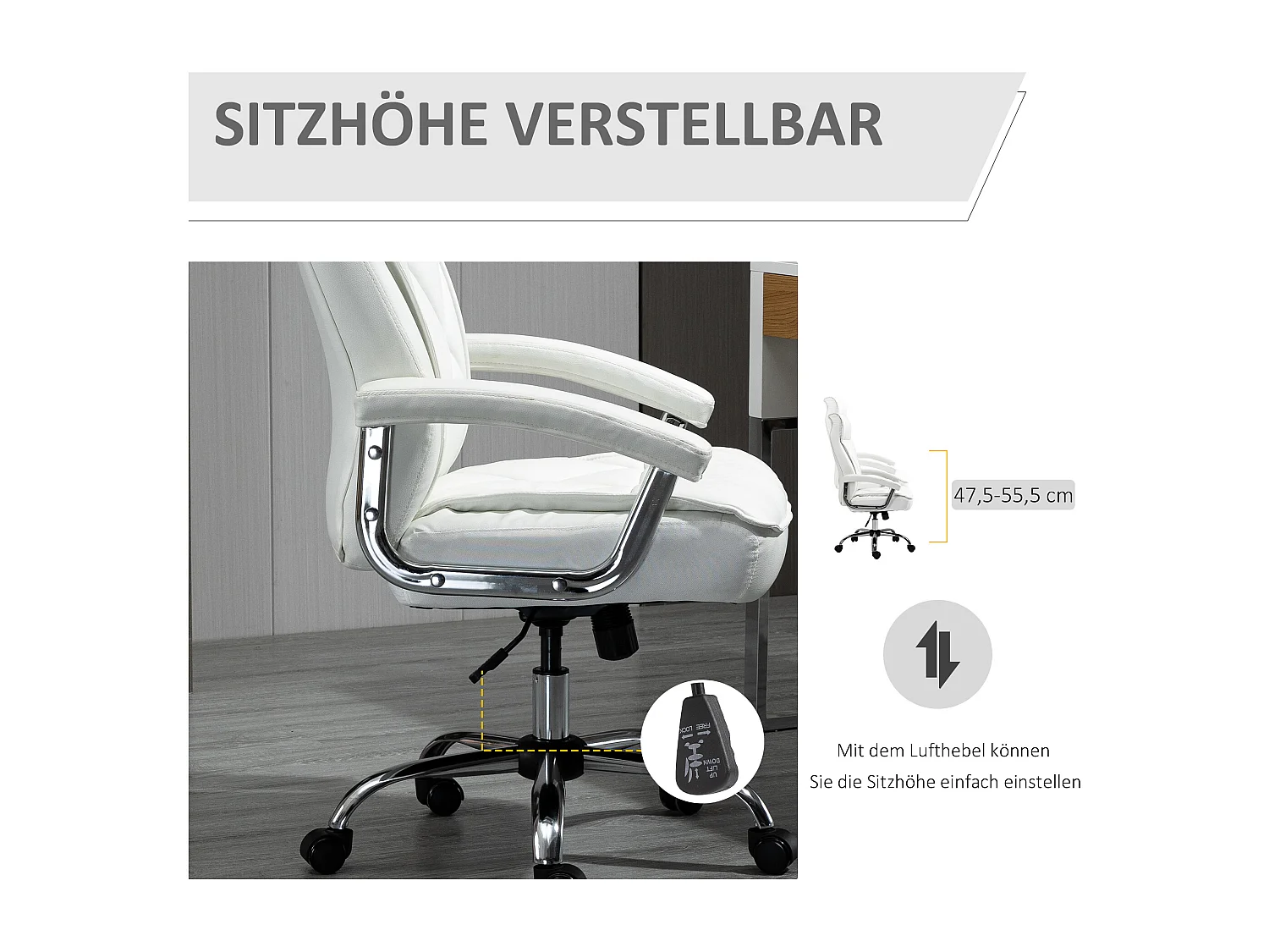 Chaise de bureau ergonomique en simili cuir, fonction basculante, réglable en hauteur, métal, blanc (66x69x121 cm)