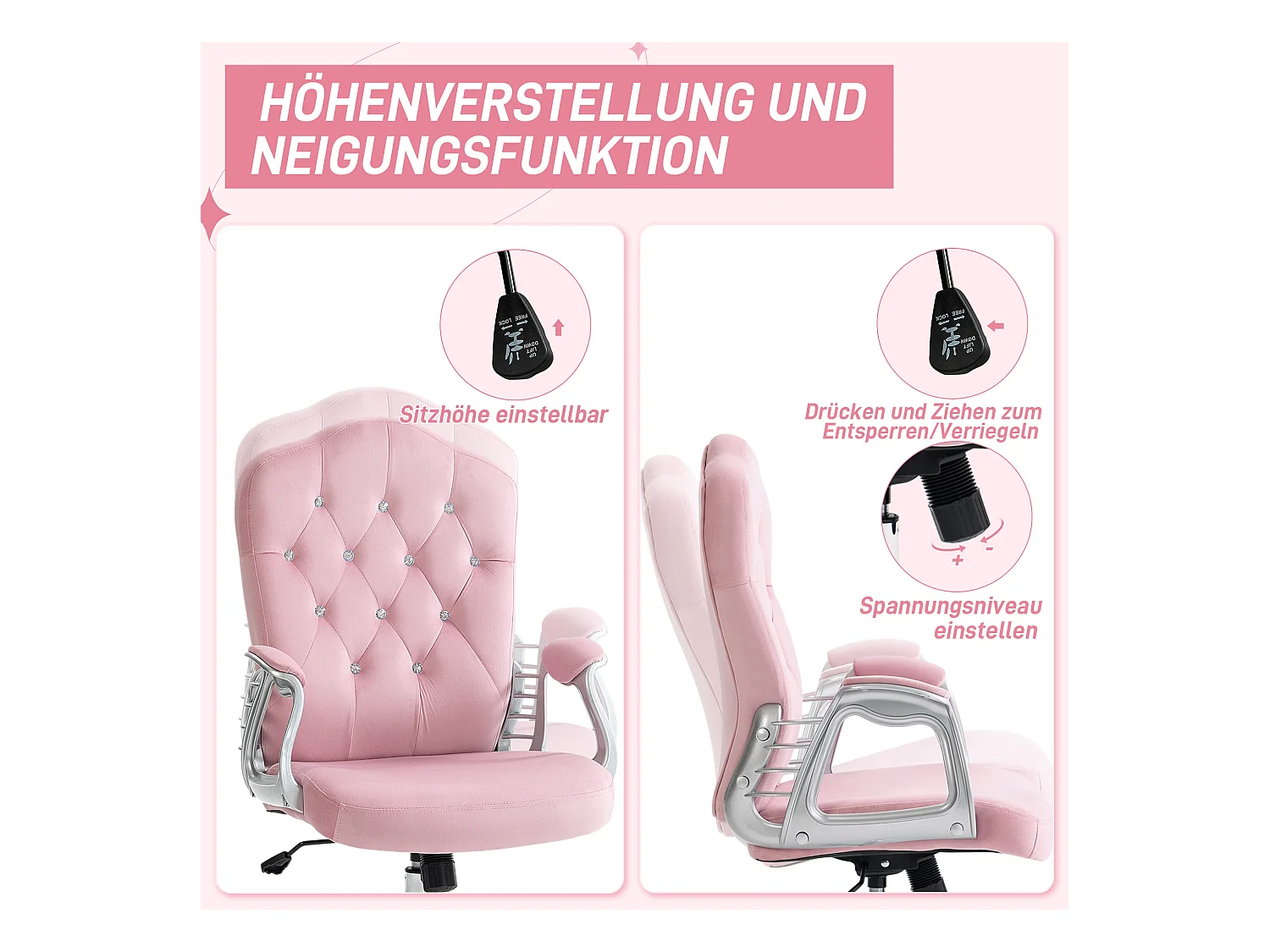 Fauteuil de bureau ergonomique pour femmes, avec fonction basculante, réglable en hauteur, polyester, rose (61x61x114 cm)