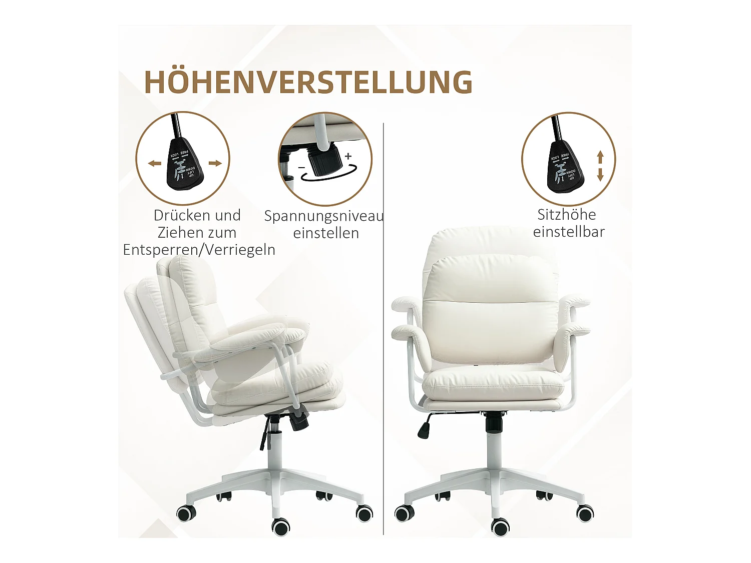 In hoogte verstelbare, verstelbare bureaustoel in wit imitatieleer met voetenbankje (65x64x98cm)